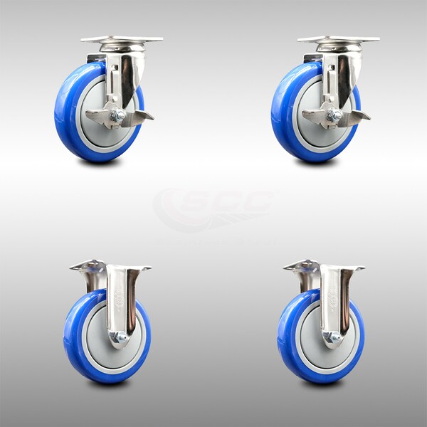 Service Caster 5 Inch 316SS Blue Polyurethane Swivel Top Plate Caster Brake 2 Rigid SCC, 2PK SCC-SS31620S514-PPUB-BLUE-TLB-2-R-2 - main
